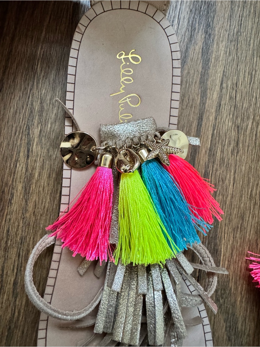 Lilly Pulitzer Metallic Gold Tassel Sandals with Neon Multi-Tassel Accent - Picture 5 of 7
